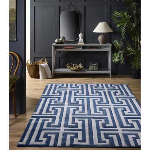 Origins Elegant Greek Key Geometric Carved Rug in Navy Blue