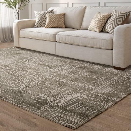 Kuza Portrait Modern Abstract New Linear Pattern Rug in Khaki Green