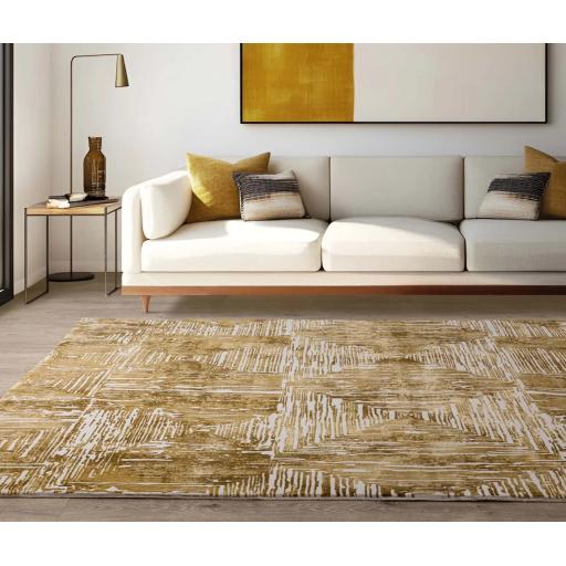 Kuza Portrait Modern Abstract New Linear Pattern Rug in Gold Yellow