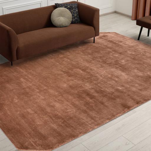 Gleam Luxury Contemporary Modern Silky Shiny Plain Hand Woven Terracotta Orange Rug