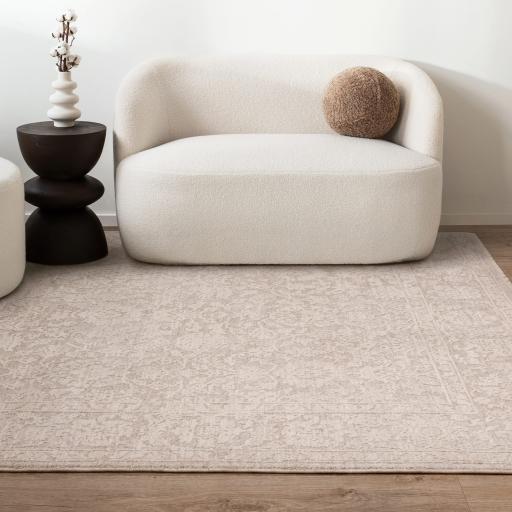 Laurent LA03 Abstract Traditional Floral Damask Fringed Beige Natural Rug