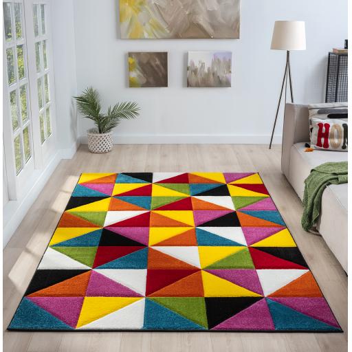 Spectra Carved Destin Geometric Rainbow Bright Multi Coloured Soft Rug Hallway Runner Round
