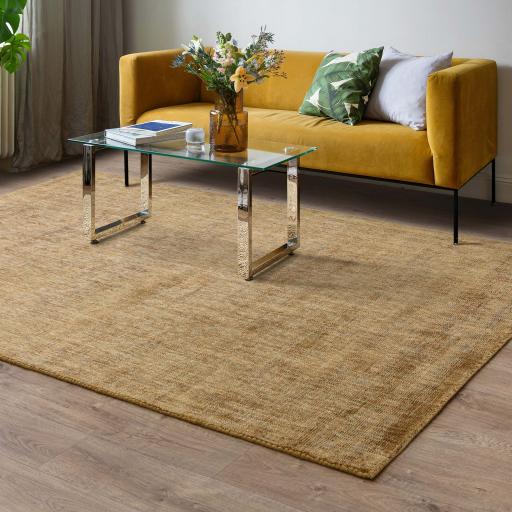 Aston Plain 100% Viscose Silky Sheen Soft Rug in Ochre Yellow
