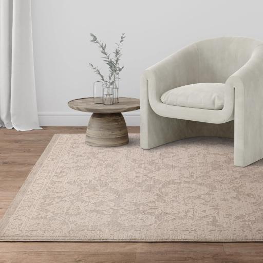 Laurent LA04 Abstract Traditional Floral Damask Fringed Beige Natural Rug