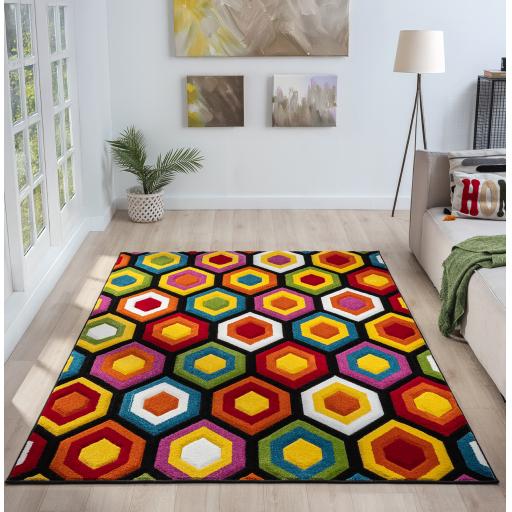 Spectra Carved Marco Geometric Rainbow Bright Multi Coloured Rug Hallway Runner
