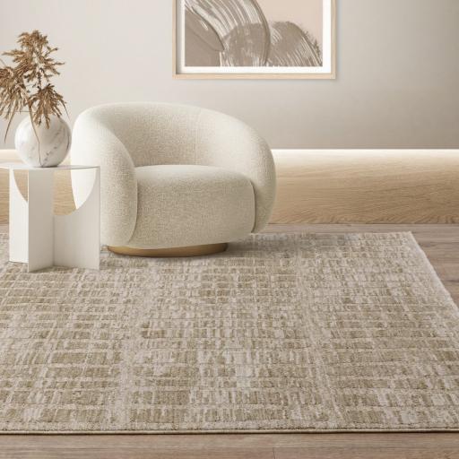 Laurent LA07 Abstract Broken Grid Fringed Beige Natural Rug