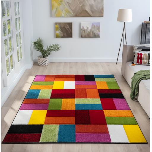 Spectra Carved Largo Geometric Rainbow Bright Multi Coloured Soft Rug Hallway Runner