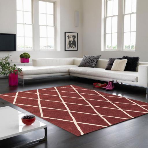 Albany Diamond Modern Geometric Wool Rug in Berry Red