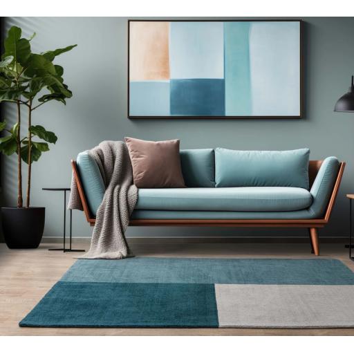 Blox Teal Hand Made Wool Geometric Blocks Rug