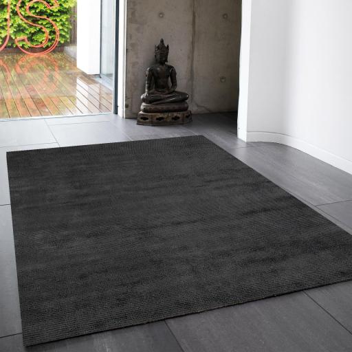 Reko Modern Contemporary Plain Hand Woven Viscose Silky Charcoal Grey Rug