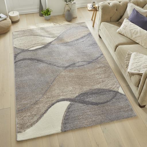 Somerset SOM103 Modern Waves Abstract Pattern Soft Plush Grey Beige Rug