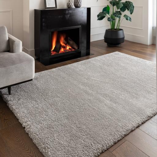 Atlas Shaggy Modern Plain Thick Pile Rug in Silver