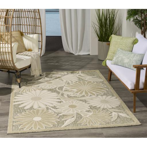 Aloha ALH33 Indoor Outdoor Floral Rug in Ivory Sage Green