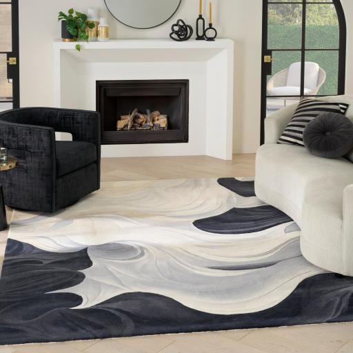 Prismatic PRS41 Hand Tufted New Zeland Wool Silk Swirling Pattern Handmade Rug in Ivory Black