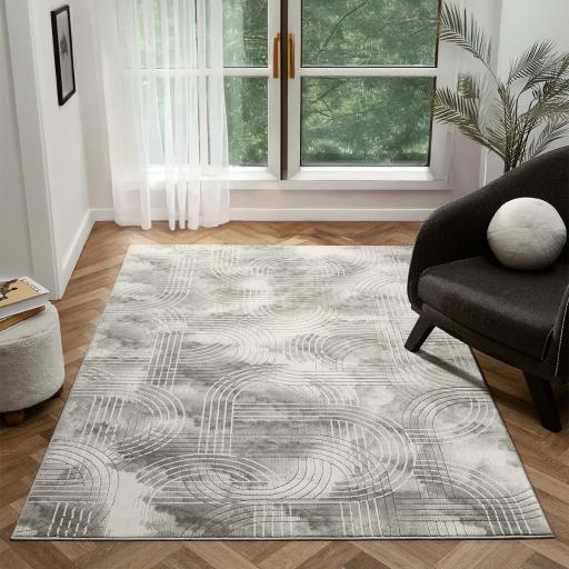 Petra Tulum Modern Geometric Curve Abstract Lines Grey Rug and Hall Runners