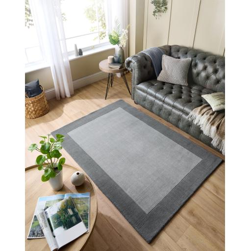 Origins Borders Hand Loom Woven Wool Bordered Rug Hallway in Grey
