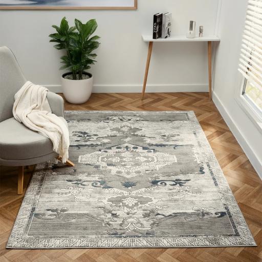 Petra Ajanta Classic Bordered Traditional Vintage Medallion Grey Blue Rug and Hall Runners