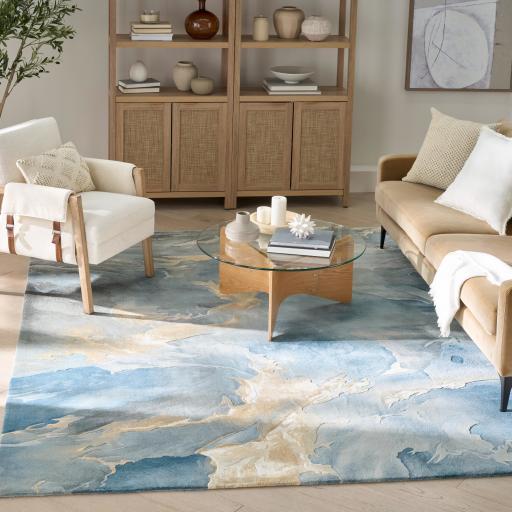 Prismatic PRS40 Hand Tufted New Zeland Wool Silk Stormy Sky Pattern Handmade Rug in Blue Multi