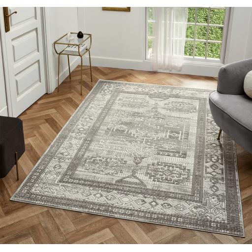 Petra Ellorah Classic Bordered Traditional Heritage Grey Rug and Hall Runners