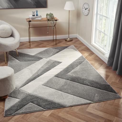 Orbit Lumen Geometric 3D Carved Grey Rug Hallway Runner