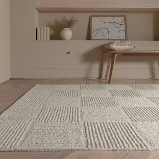Zennith Grid Geometric Plain Scandi Design Hand Tufted Boucle Texture Rug in Cream White