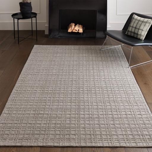 Thatch Grey Beige Hand Woven Wool Rug Checked  Pattern Neutral Undyed Wool Blend