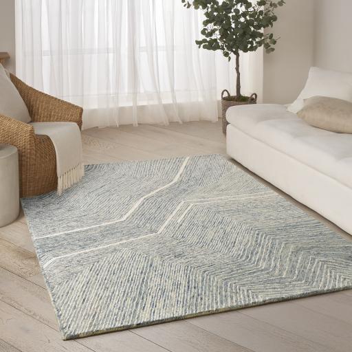 DKNY Pure Angles Hand Tufted 100% Wool Linear Pattern Ivory Blue Rug