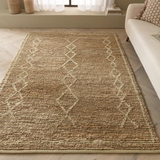 Souk Berber Natural Chunky Weaves Bordered Hand Woven Jute Rug in Beige Natural Blonde