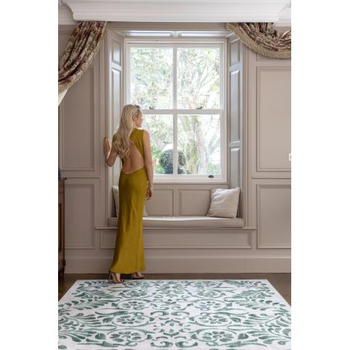 Hug Rug Eco-Washable Vintage Scroll Green Non-Slip Floral Damask Rug