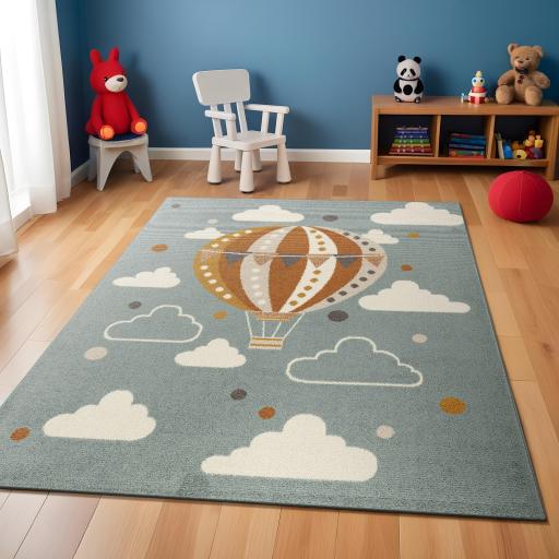 Ankara AKR2359 Kids Playful Air Balloon Nursery Bedroom & Playroom Blue Multi Rug for Child Room