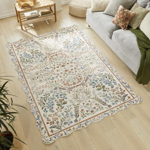 Liberty Floral Washable Non-Slip Traditional LIB303 Cream Multi Rug