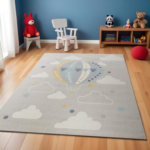 Ankara AKR2360 Kids Playful Air Balloon Nursery Bedroom & Playroom Light Grey Multi Rug for Child Room