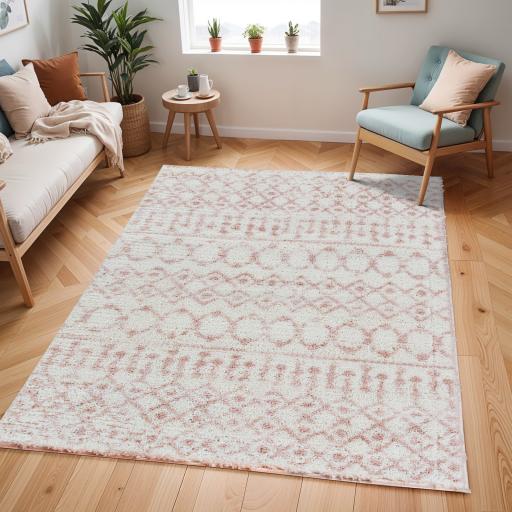 Aliyah ALH2301 Shag Bohomian Tribal Shaggy Ivory Pink Rug