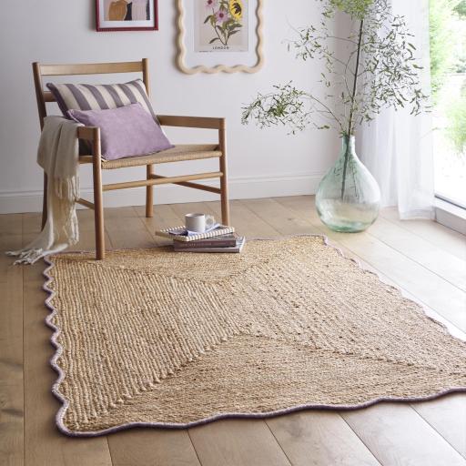 Origins Jute Natural Hand Made Stitched Scalloped Edge Lilac Rug or Hallway Runner