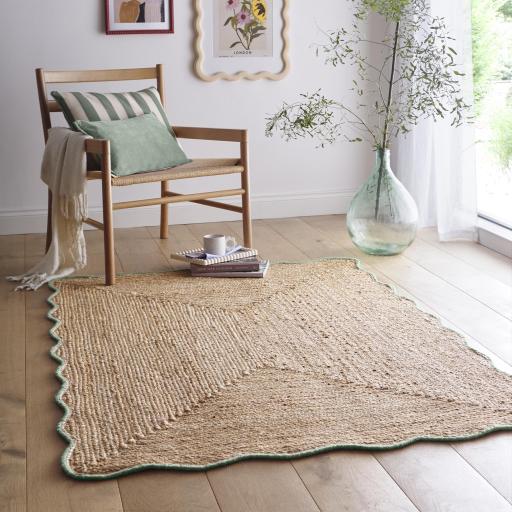 Origins Jute Natural Hand Made Stitched Scalloped Edge Green Rug or Hallway Runner