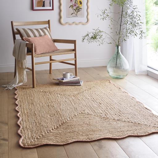 Origins Jute Natural Hand Made Stitched Scalloped Edge Peach Rug or Hallway Runner