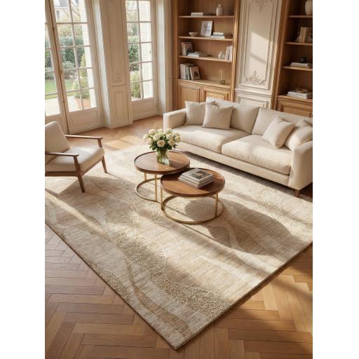 Dune Wavy Desert Sand Drift Pattern Viscose Wool Beige Rug
