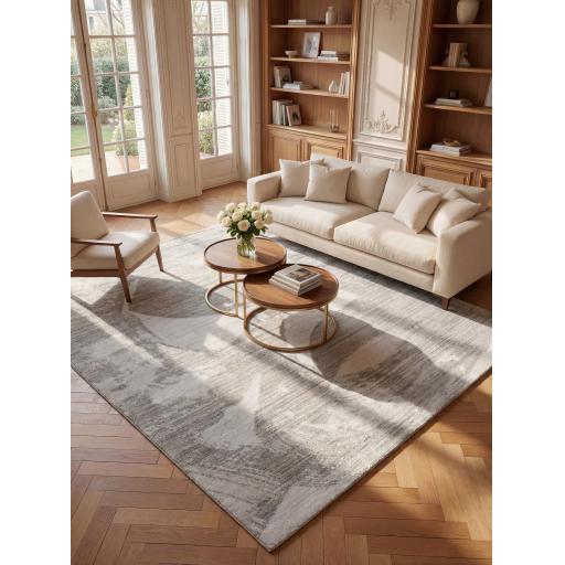 Dune Modern Abstract Wind-Swept Desert Pattern Wool & Viscose Blend White light Blue Grey Rug