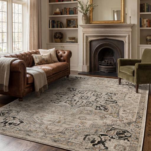 Sovereign Antique Medallion Classic Persian High Shine Traditional Vintage Rug in Grey Silver