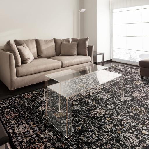 Sovereign Black Floral Traditional Rug Flatweave Silky Shiny Rug