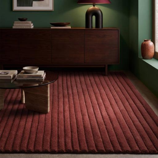 Linie Hand Made Sculpted Ribbed Shape Wool Rug in Burgundy Red