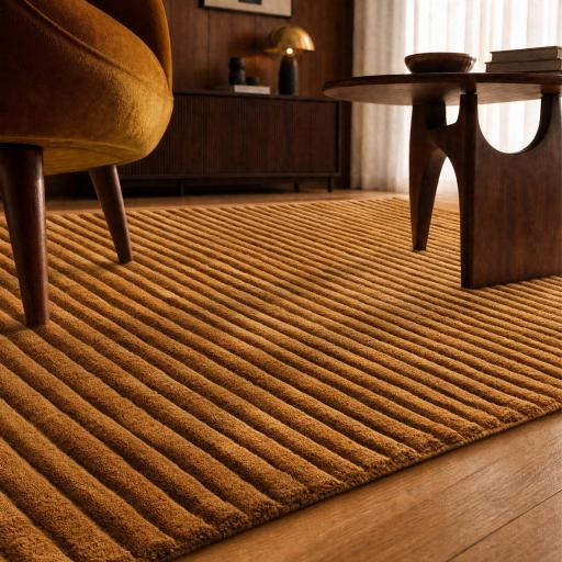 Linie Hand Made Sculpted Ribbed Shape Wool Rug in Gold Yellow