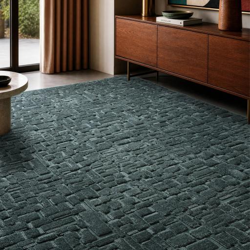 Casa Abstract Cobblestone Velvet Chenille  High Shine Vibrant Teal Blue Rug