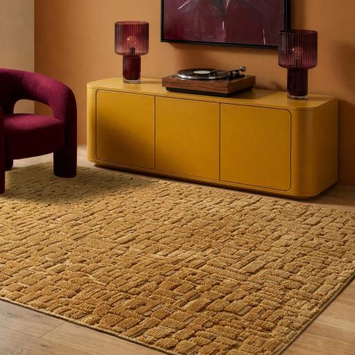 Casa Abstract Cobblestone Velvet Chenille Vibrant Gold Yellow Rug