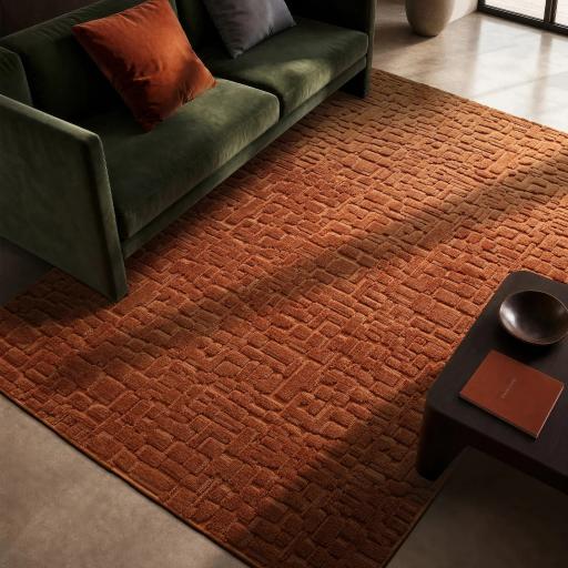 Casa Abstract Cobblestone Velvet Chenille  High Shine Vibrant Terracotta Orange Rug