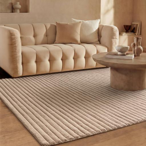 Linie Hand Made Sculpted Ribbed Shape Wool Rug in Putty Cream